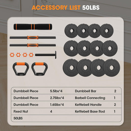 Adjustable Dumbbell Set 20LBS/50LBS/70LBS/90LBS Free Weights Dumbbells,4 In1 Weight Set,Dumbbell, Barbell, Kettlebell, Push-Up, Home Gym Fitness Workout Equipment for Men Women